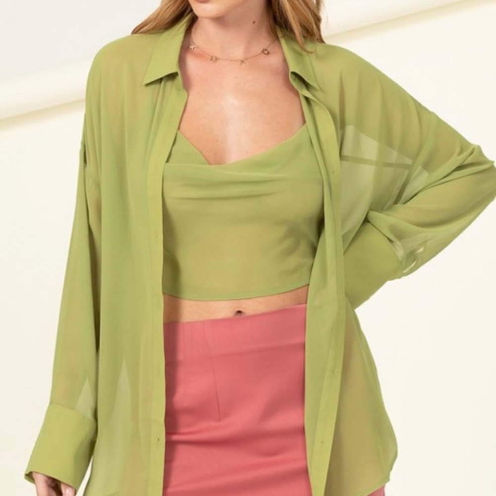 Chic Lime Green Sheer Blouse Set - Picture 4 of 14
